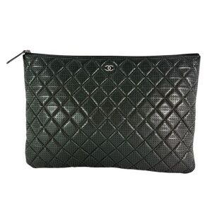 CHANEL Perforated Black Calfskin Leather Clutch Document Caes Made in Italy